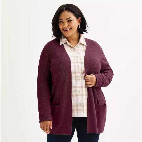 Plus Size Croft & Barrow Classic Ribbed Open-Front Cardigan in Merlot Heather 3X - Picture 3 of 6